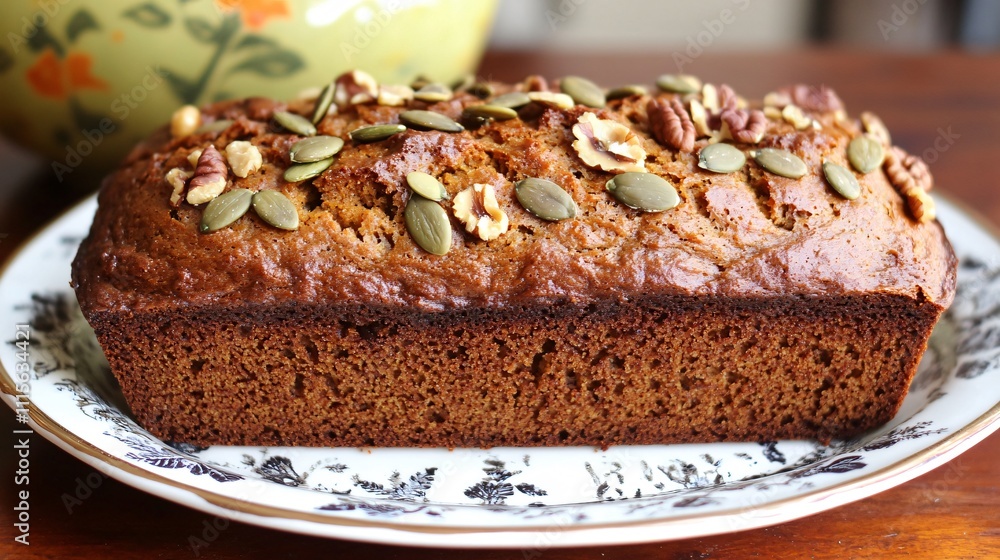 Close up of pumpkin nut bread with visible nuts and pumpkin seeds, styled on a vintage serving platter Close up of pumpkin nut bread with visible nuts and pumpkin seeds, styled on a vintage serving platter