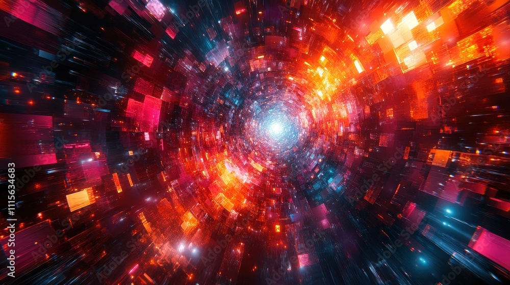 Obraz premium Abstract digital vortex with luminous particles reminiscent of cosmic energy swirling in vibrant shades of red, orange, and blue, creating a mesmerizing background