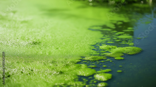 Close up green algae growing on the water surface.