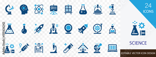 Science solid icon set. containing  Technology, Research, Biology, Engineering, Data, Analysis, lab, microscope and more vector design