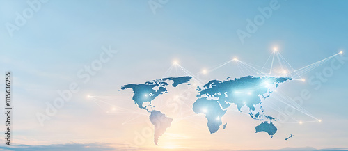 A light blue background with a digital world map and global network connections, representing the concept of international business or connectivity  photo