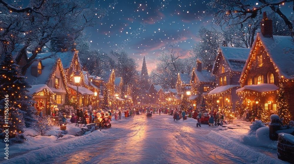 Fairy Tale Winter Street with Residents Singing Christmas Carols Fairy Tale Winter Street with Residents Singing Christmas Carols