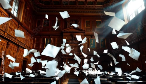 Grand courtroom interior featuring floating documents