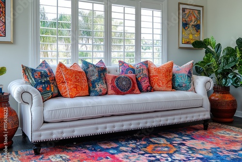 White Sofa Decorated With Colorful Throw Pillows photo