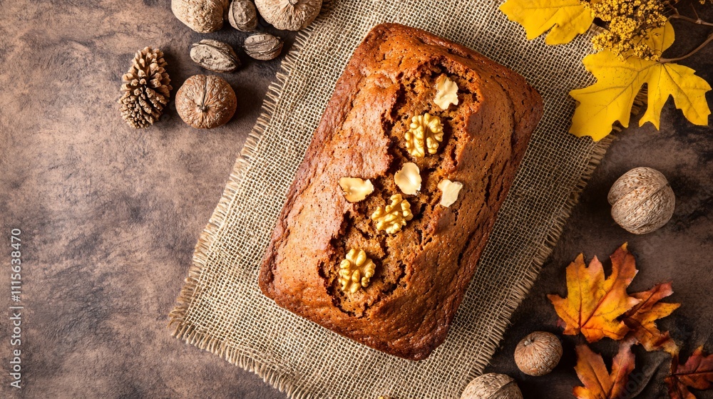 Rustic presentation of pumpkin nut bread on a burlap cloth, surrounded by autumnal accents like acorns and dried flowers Rustic presentation of pumpkin nut bread on a burlap cloth, surrounded by autumnal accents like acorns and dried flowers