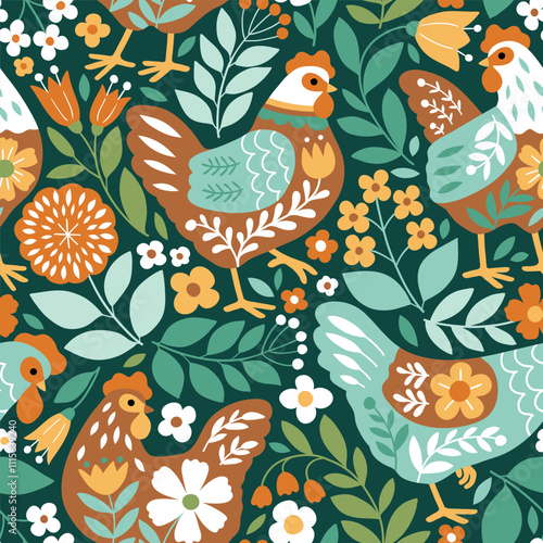Seamless vector pattern with Scandinavian floral hen and summer flowers. Hand drawn floral background with chickens. Perfect for textile, wallpaper or nursery print design. EPS10 vector file.