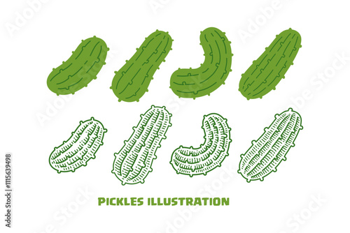set of green pickles vegetable flat and line art style vector. doodle green pickles vegetable illustration collection. pickled healthy veggie silhouette vector. element design of pickles cucumbers