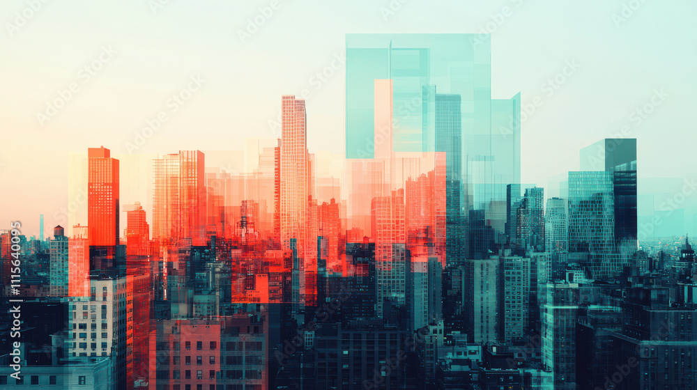 Abstract cityscape with vibrant holographic overlays Abstract cityscape with vibrant holographic overlays