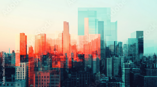 Abstract cityscape with vibrant holographic overlays