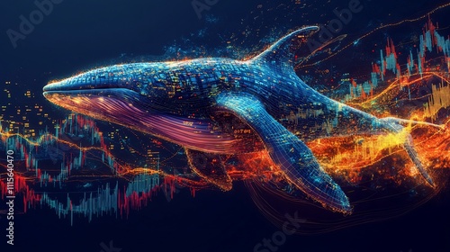 A digital whale swimming through vibrant financial data visuals. photo