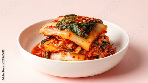 Korean kimchi in a simple white bowl on a pink background