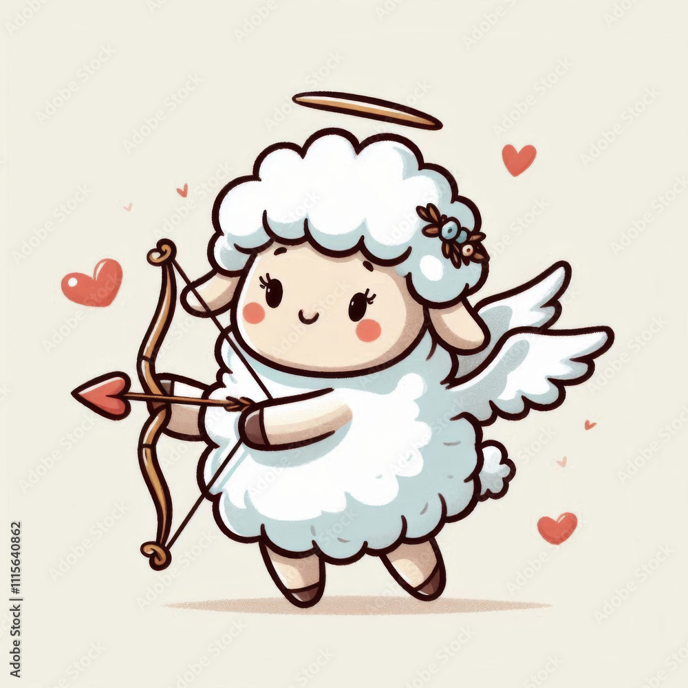 Fototapeta premium Illustration of cupid with wings for Valentine's day. A cute sheep with angel wings holds a bow and arrow. Childlike cartoon art style
