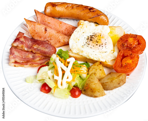 American breakfast set with eggs,bacon,toast, potatoes, tomatoes, mayonnaise sauce and sausage, PNG