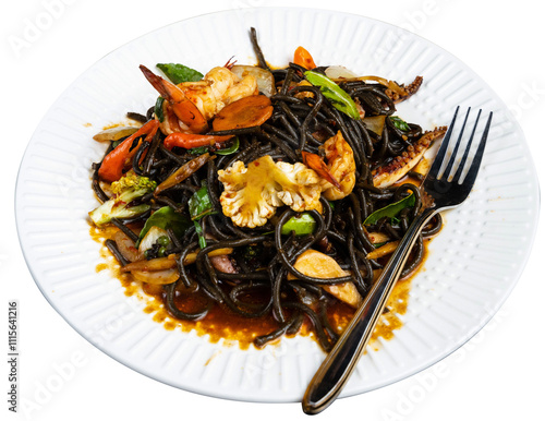 Stir fry black noodles seafood and vegetables in white bowl, PNG