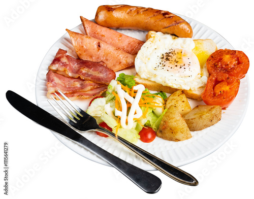 American breakfast set with eggs,bacon,toast, potatoes, tomatoes, mayonnaise sauce and sausage, PNG