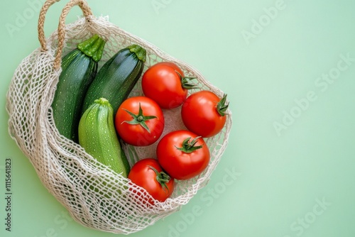 Mesh bag with tomatoes and zucchini on a light green background. The concept of a waste-free lifestyle. photo