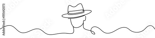 Minimalist vector illustration featuring a continuous line drawing of a fedora hat partially obscuring a face