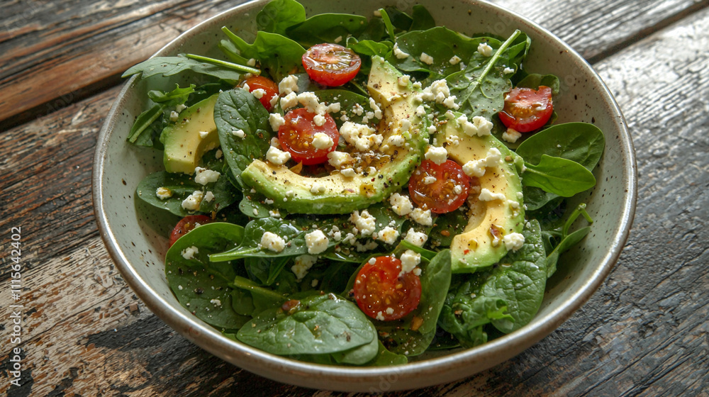 A vibrant salad with fresh spinach arugula sl A vibrant salad with fresh spinach arugula sl