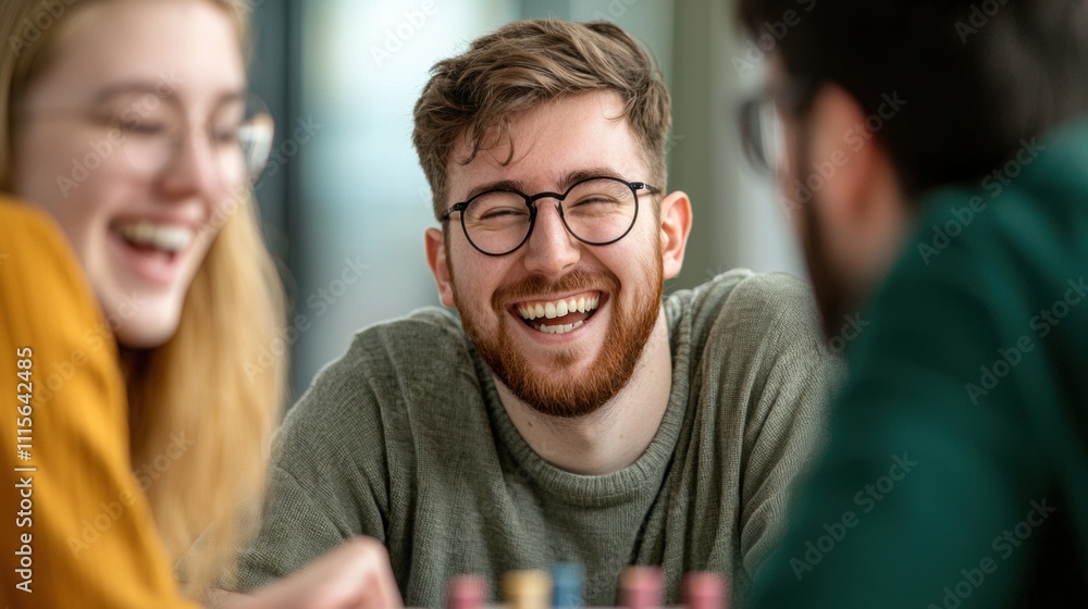 Young Adult Man with Glasses Laughing Heartily While Playing Game with Friends in Bright Indoor Space Fostering Joyful Social Interaction and Fun Memories Young Adult Man with Glasses Laughing Heartily While Playing Game with Friends in Bright Indoor Space Fostering Joyful Social Interaction and Fun Memories