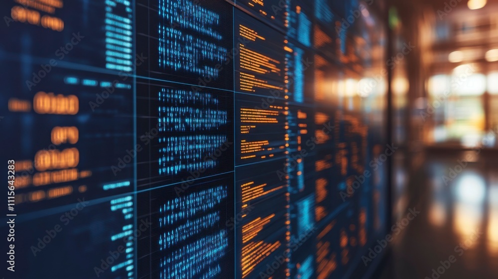 Fototapeta premium A blue binary data stream on a computer screen creating a high-tech, futuristic backdrop perfect for digital marketing, programming visuals, data analytics, and cybersecurity designs.