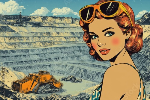 Woman posing near large-scale mining equipment in a vintage-inspired pop-art style photo