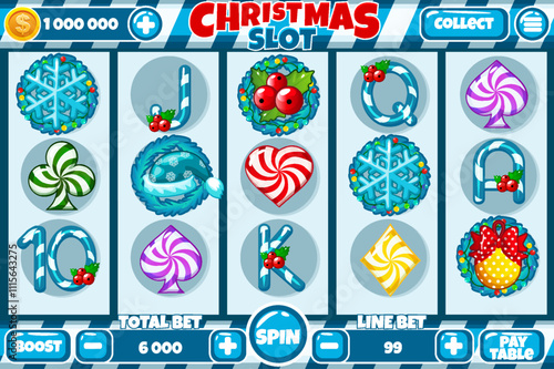 Casino slot machine, game UI design, gambling mobile app concept for the Christmas or candy themed Casino Game. The slot game user interface with basic buttons and set of 12 slot symbols
