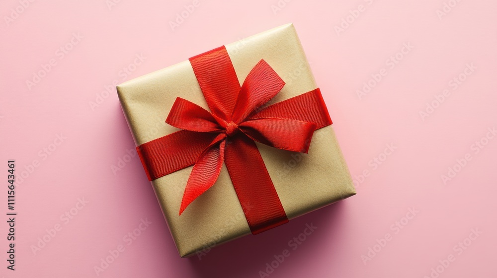 A wrapped gift box with a red ribbon on a solid pastel background A wrapped gift box with a red ribbon on a solid pastel background