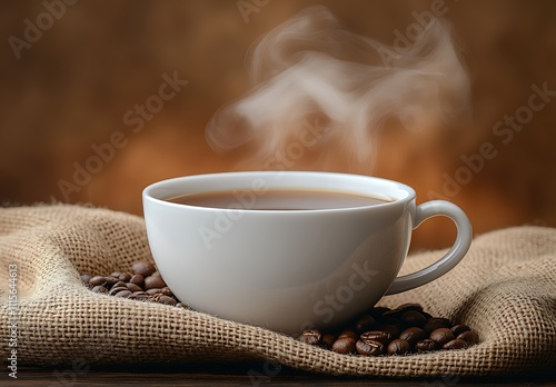 Steaming Coffee in White Cup with Coffee Beans photo