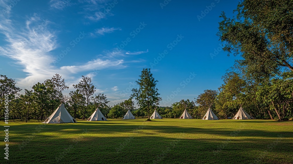 Obraz premium A peaceful camping scene with a tent set up on a lush green meadow, surrounded by nature. The campsite offers a serene escape, perfect for outdoor enthusiasts looking to enjoy a quiet and relaxing nig