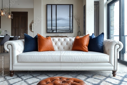 White Leather Sofa With Orange And Blue Pillows photo