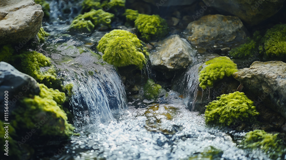 Fototapeta premium Close up water cascading over moss rocks, small waterfall with green plant mossy.