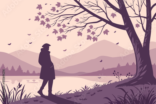 Illustrator Artwork of landscape and paysage nature and mountain and sky, clouds, lakes with nice view person-standing-at-the-edge