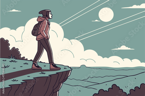 Illustrator Artwork of landscape and paysage nature and mountain and sky, clouds, lakes with nice view person-standing-at-the-edge