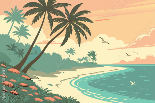 Illustrator Artwork of landscape and paysage nature and mountain and sky, clouds, lakes with nice view beach sae