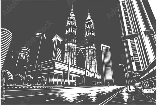 Illustrator Artwork of landscape and paysage nature and mountain and sky, clouds, lakes with nice view kuala-lumpur-skyline