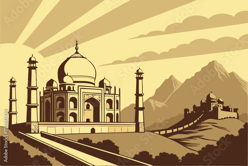 Illustrator Artwork of landscape and paysage nature and mountain and sky, clouds, lakes with nice view taj-mahal