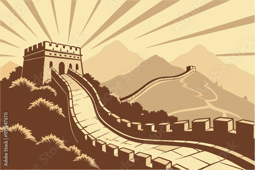 Illustrator Artwork of landscape and paysage nature and mountain and sky, clouds, lakes with nice view the-great-wall-of-china
