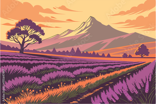 Illustrator Artwork of landscape and paysage nature and mountain and sky, clouds, lakes with nice view new-zealand