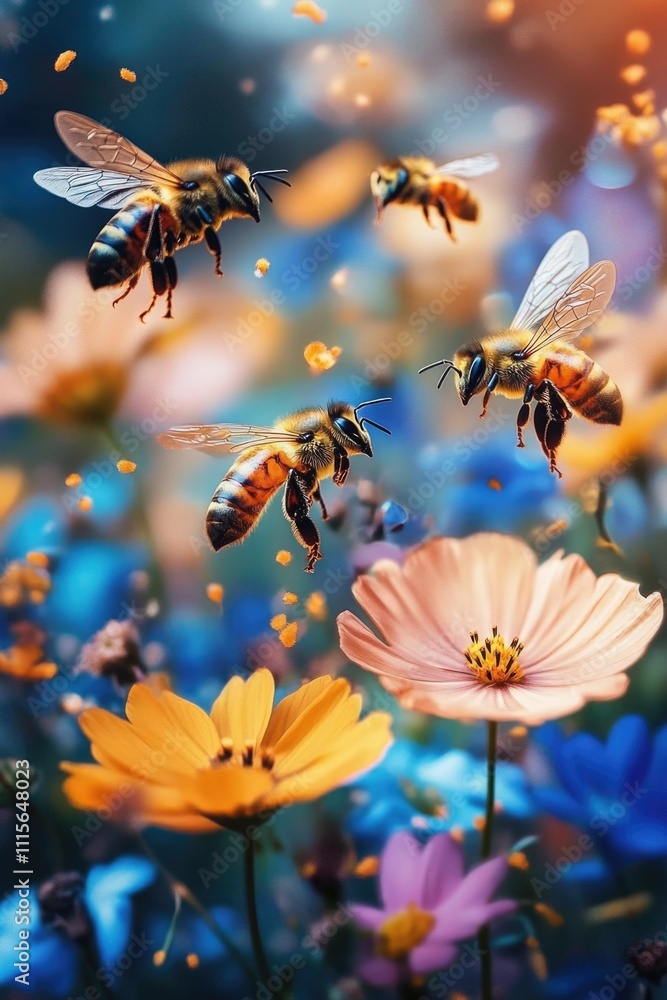 Naklejka premium Bees Over Flowers