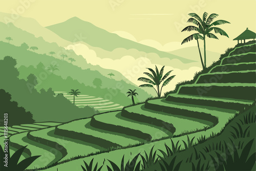 Illustrator Artwork of landscape and paysage nature and mountain and sky, clouds, lakes with nice view the-bali-rice