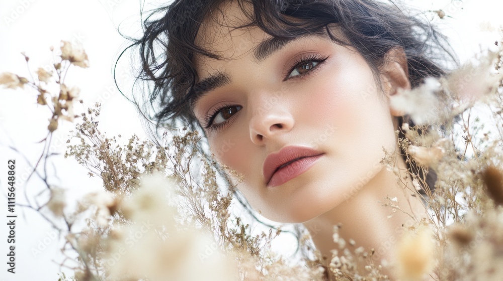Serene Beauty in Dreamy Floral Setting - Close-Up Portrait Serene Beauty in Dreamy Floral Setting - Close-Up Portrait