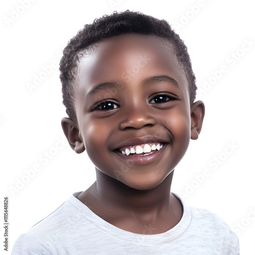 Happy young boy with bright smile wearing white shirt and looking at camera with joyful expression against neutral background