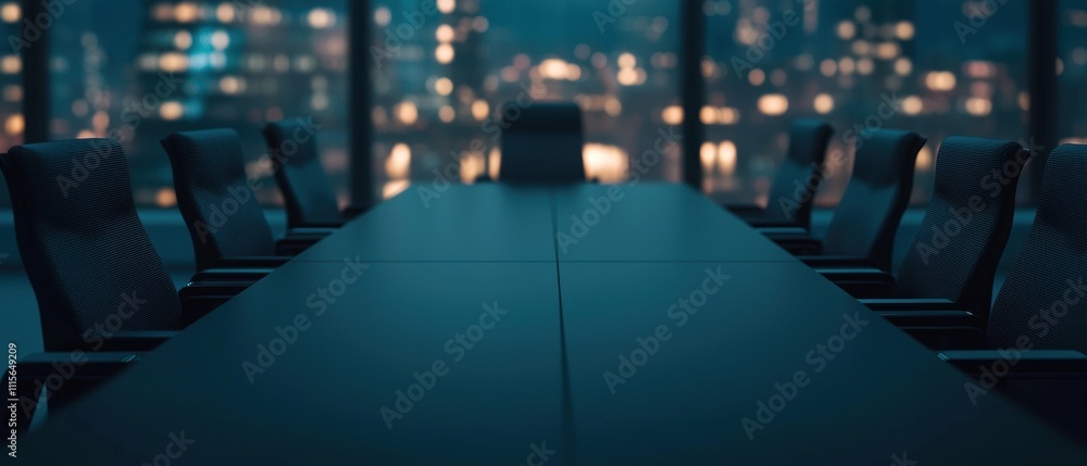 Obraz premium Modern business conference room at night with illuminated city skyline in the background, featuring an empty long table and ergonomic black chairs for professional meetings