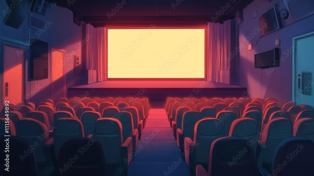 Fototapeta premium A movie theater with a red and yellow screen. The seats are empty. The theater is dark and the screen is lit up
