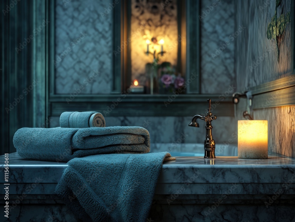 Fototapeta premium Elegant bath with soft towels and a glowing scented candle creating a serene ambiance