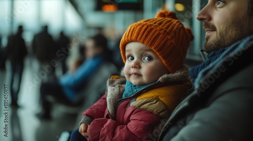 Heartwarming moment of a father and child at an airport. The child wears a bright orange hat, exuding innocence and curiosity. A beautiful memory captured. Generative AI photo