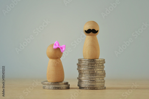 Принти на полотні Pawn with pink hair bow and pawn with moustache on piles of coins - Gender wage