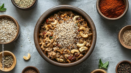 Isolated view of cashew pork stir fry with a sprinkle of sesame seeds, surrounded by small decorative bowls of spices