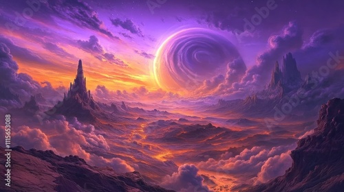 Fantasy landscape with vibrant sunset, swirling purple planet, and majestic mountains above clouds.