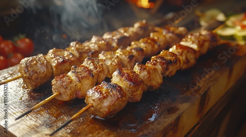 Wooden cutting board with meat skewers photo